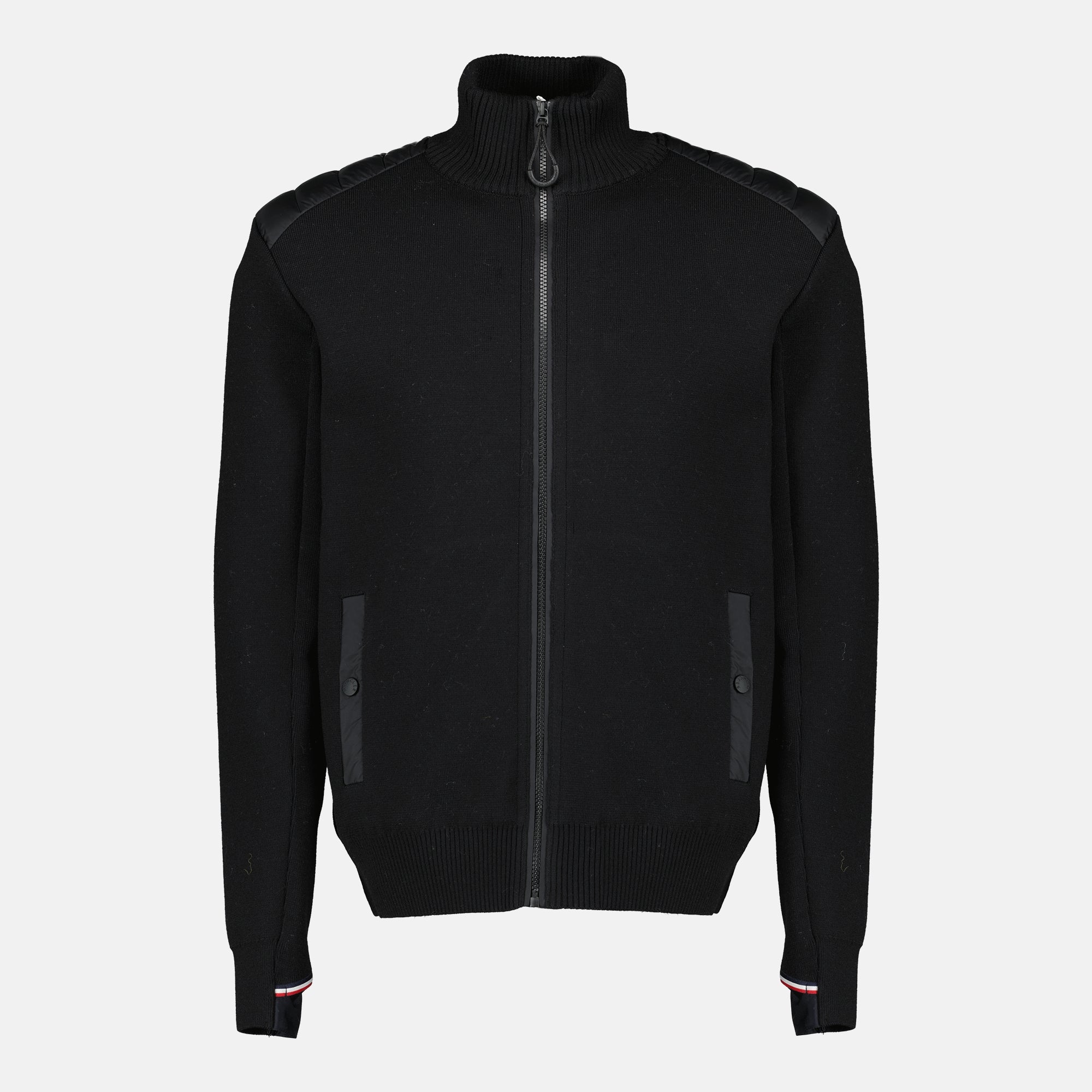 Black Quilted Zip-Up Cardigan in Wool