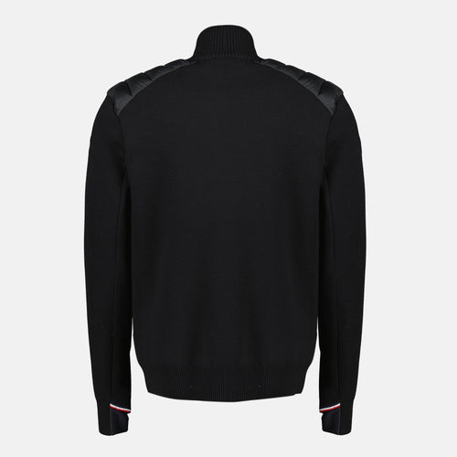 Black Quilted Zip-Up Cardigan in Wool